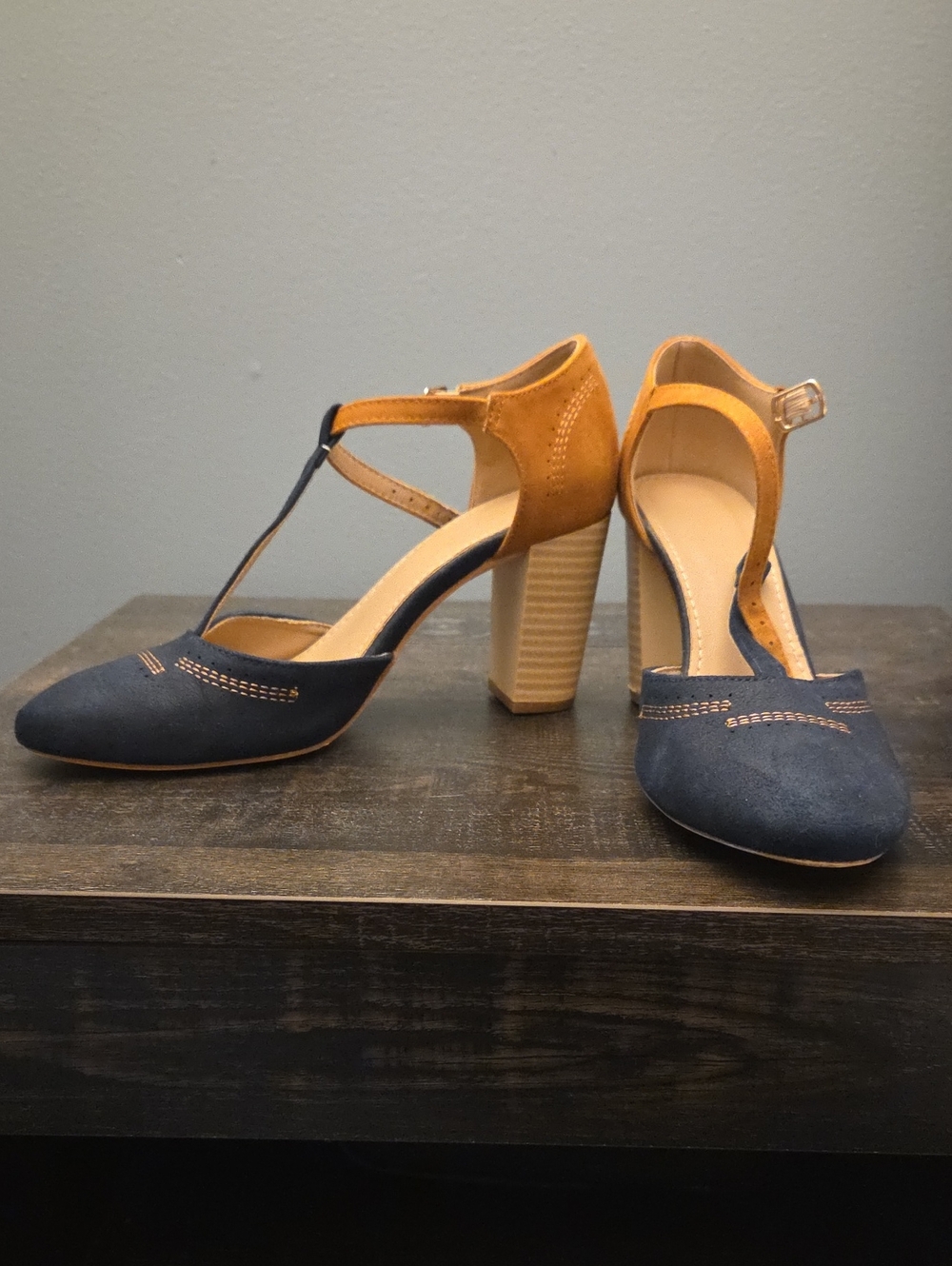 Women’s Two-Tone Navy and Mustard T-Strap Block Heel Pumps